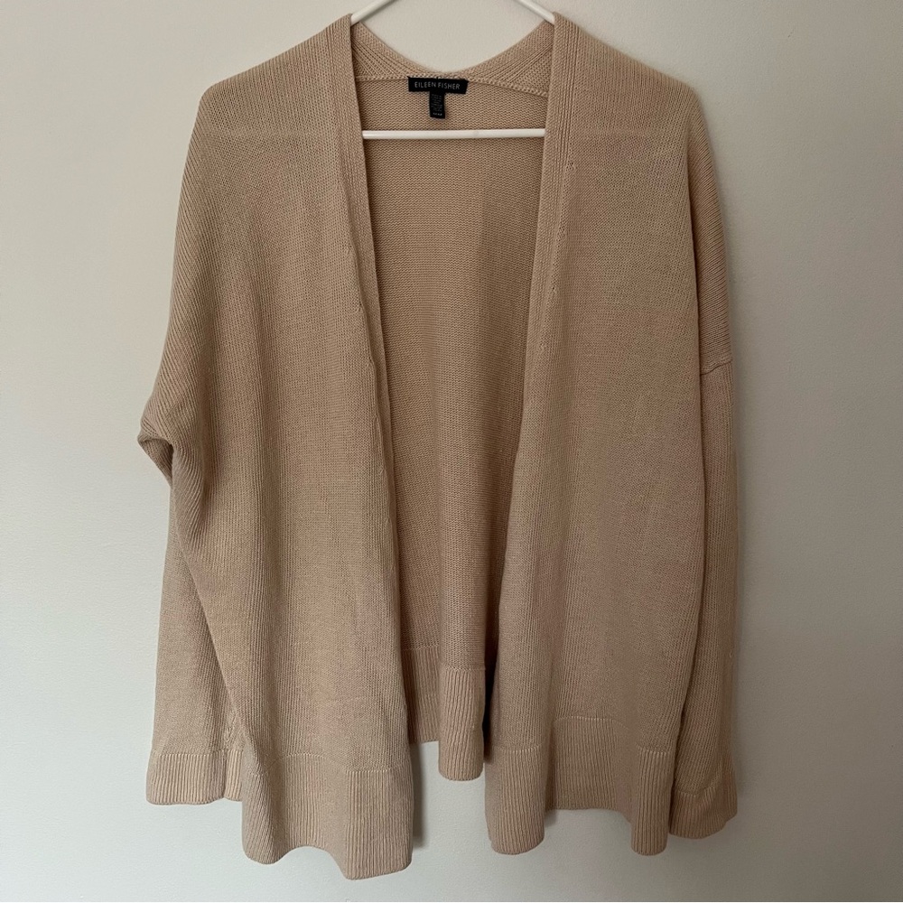 Eileen Fisher Linen Blend Cardigan Sweater in Tan Size Medium Relaxed Fit